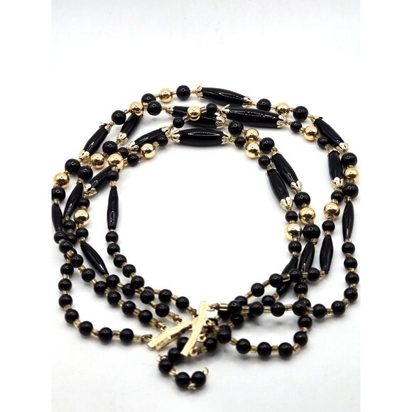 Vintage quadruple strand Black Agate and Gold beaded Made in Japan Necklace 1940 - Picture 5 of 7
